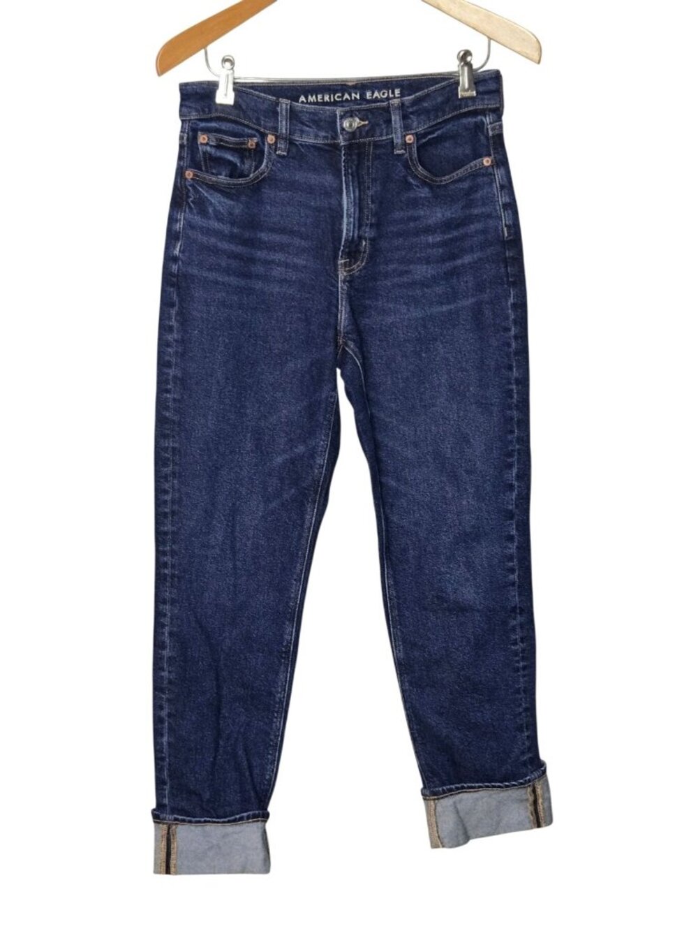 American Eagle Super High Rise Straight Stretch Cuffed Denim Jeans Size 4 - Picture 2 of 14